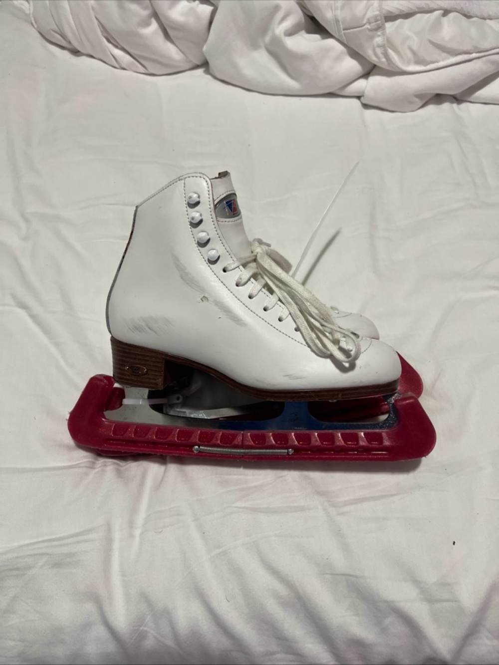 White Figure Ice Skates with Red Blade Guards - Classic Lace-Up